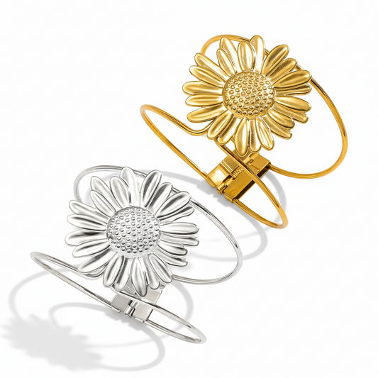 Bracelet manchette en acier inoxydable 316L doré et argenté, décoré d’une grande fleur marguerite.