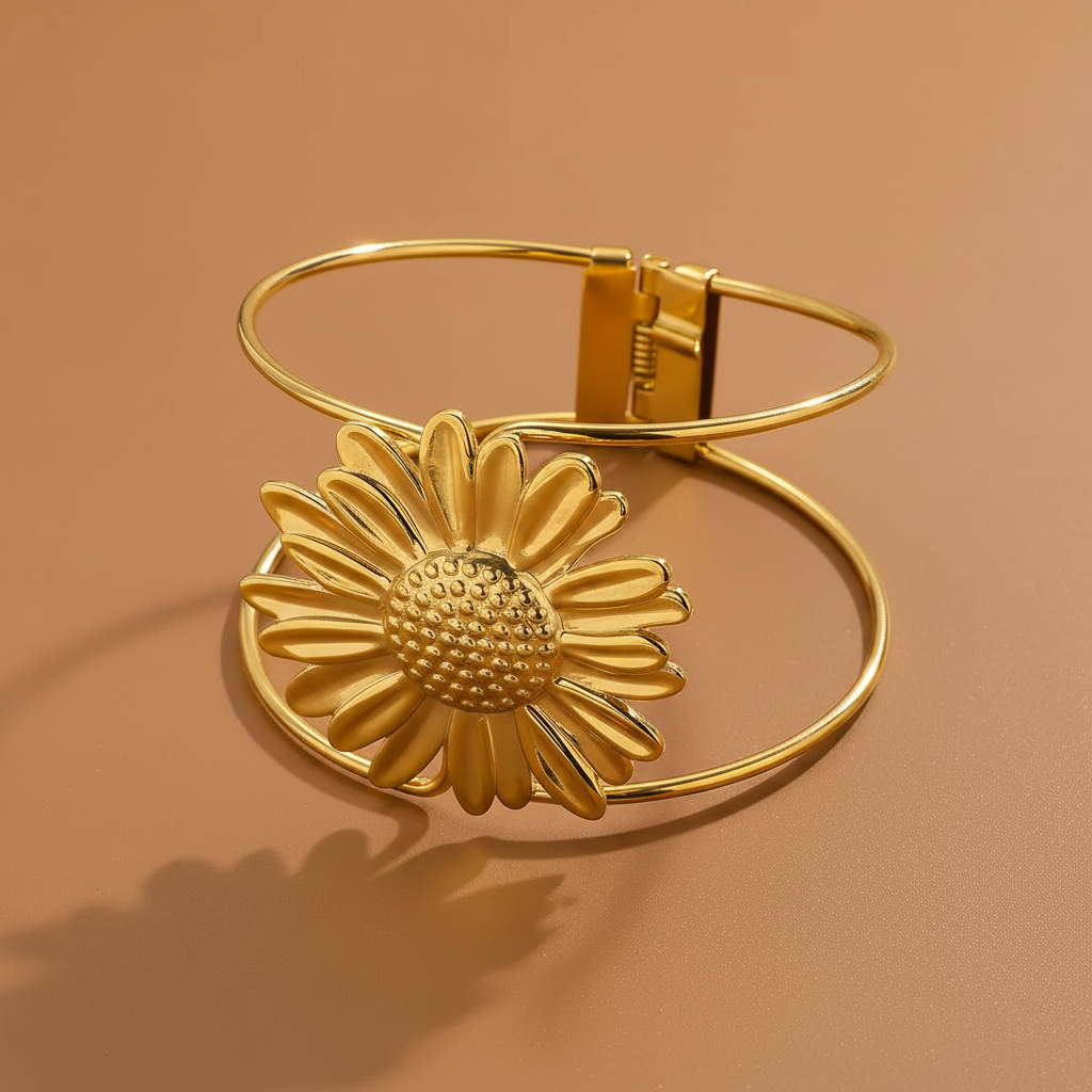 Bracelet manchette en acier inoxydable 316L doré, décoré d’une grande fleur marguerite.