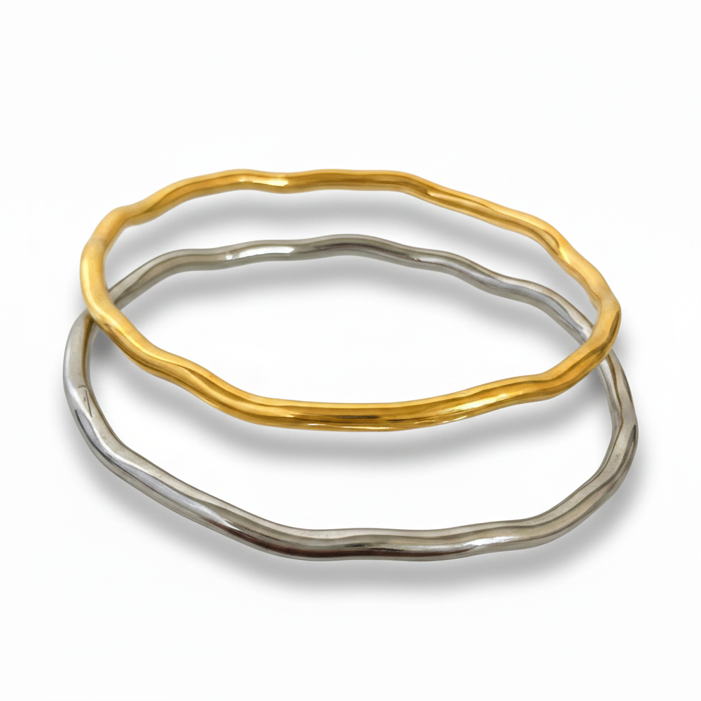 Bracelet jonc fin ondulé acier inoxydable 316L doré et argenté.