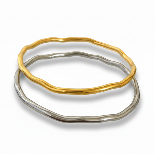 Bracelet jonc fin ondulé acier inoxydable 316L doré et argenté.