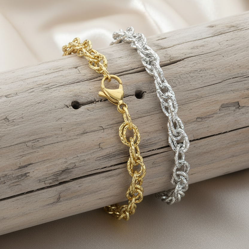 Bracelet gourmette tendance en acier inoxydable, disponible en doré ou argenté, avec maillons torsadés doubles, design moderne pour femme et homme