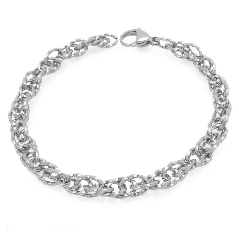 Bracelet gourmette argenté en acier inoxydable, maillons torsadés doubles