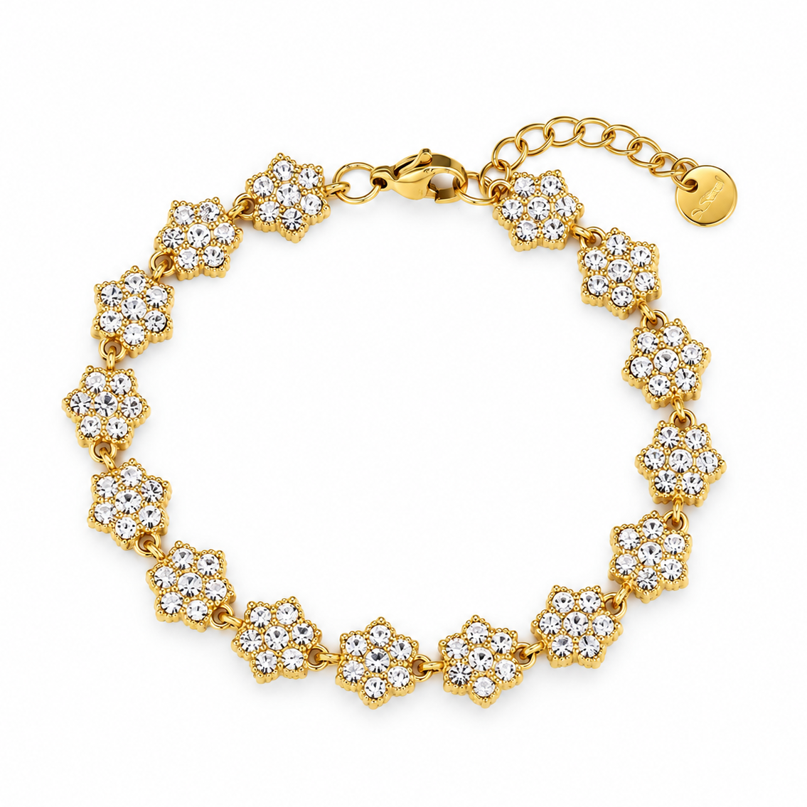 Bracelet en acier inoxydable 316L doré orné de 15 fleurs en zirconia blanc.