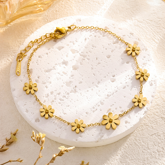Bracelet cheville en acier inoxydable doré avec 7 petites fleurs, bijou fin et bohème