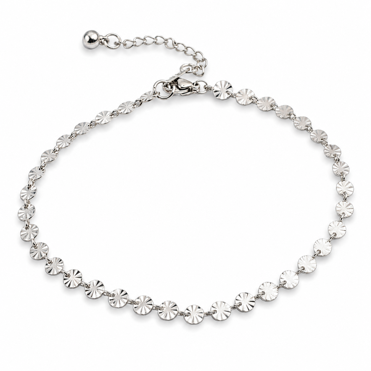 Bracelet de cheville en acier inoxydable 316L argenté à maillons ronds martelés.