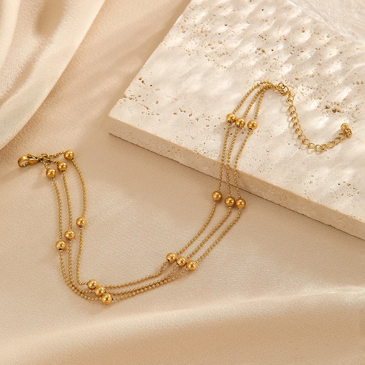 Bijou cheville femme en acier inoxydable doré, triple chaîne à billes et perles, style bohème