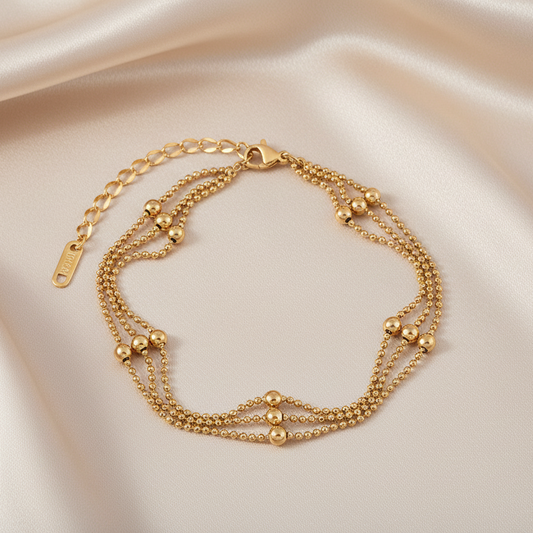 Bijou cheville femme en acier inoxydable doré à chaîne à billes triple et perles, style bohème