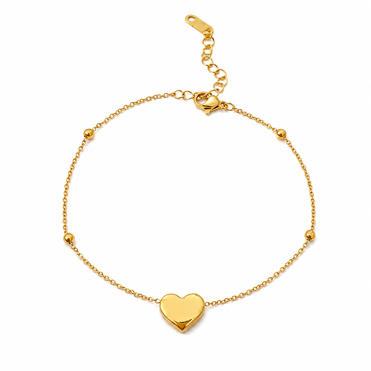 Bracelet de cheville en acier inoxydable 316L doré à chaîne fine décorée de 4 petites perles et d'un coeur.
