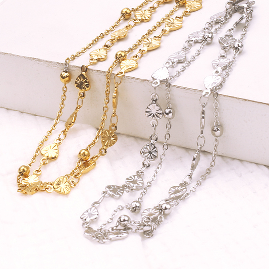 Bracelet de cheville en acier inoxydable, double chaîne avec perles et cœurs, bijou doré ou argenté élégant