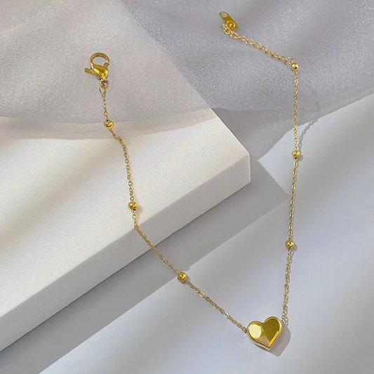 Bracelet de cheville en acier inoxydable doré, décoré de petites perles et d'un coeur, style bohème