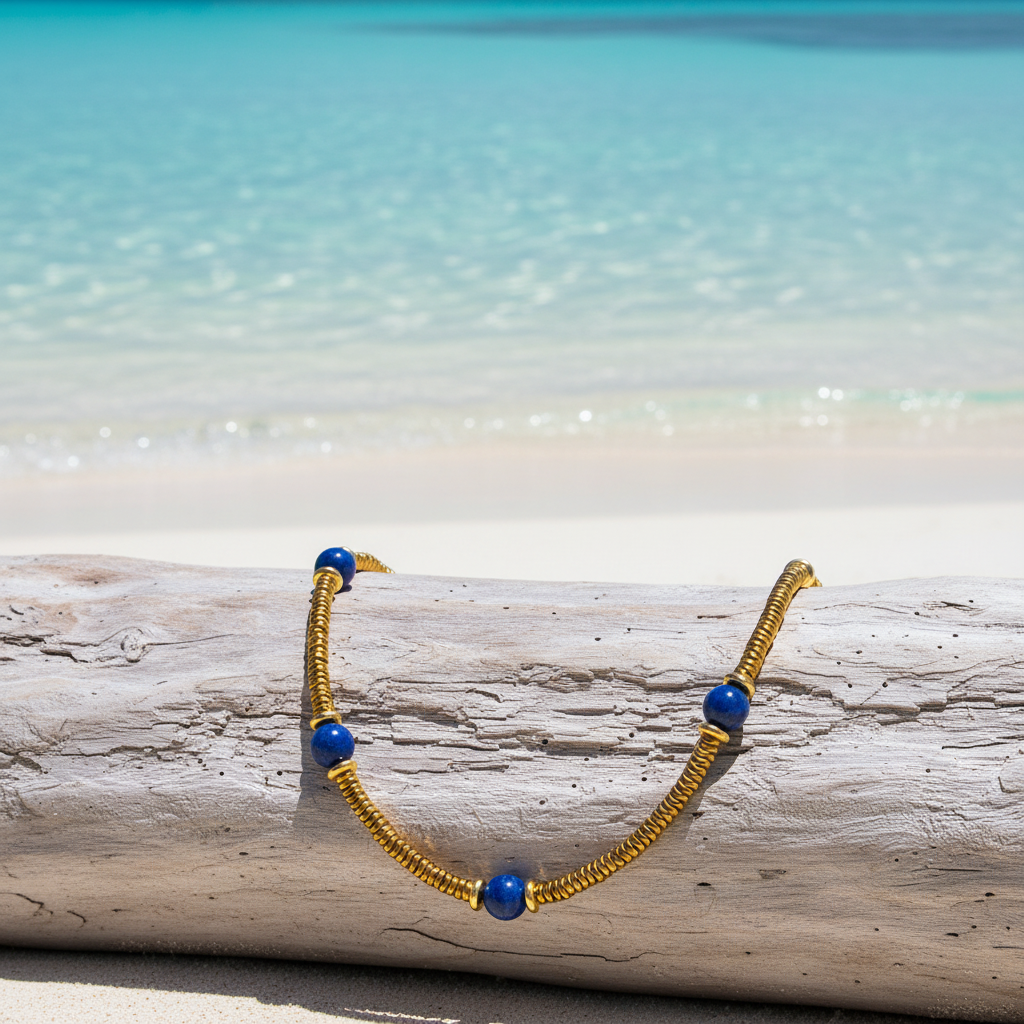 Collier doré en acier inoxydable 316L avec pierres naturelles Lapis-Lazuli.