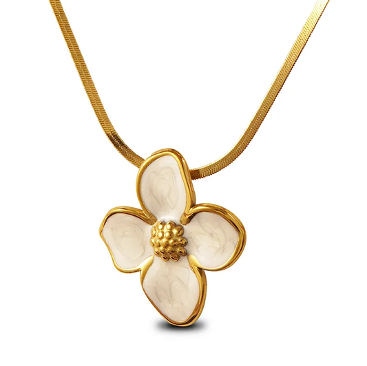 Collier FIDJI en acier inoxydable Grande Fleur blanche