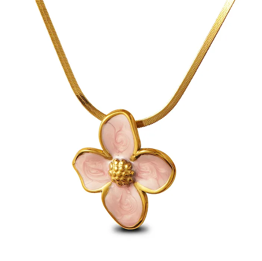 Collier doré en acier inoxydable maille serpent, pendentif fleur tropicale rose, bijou bohème