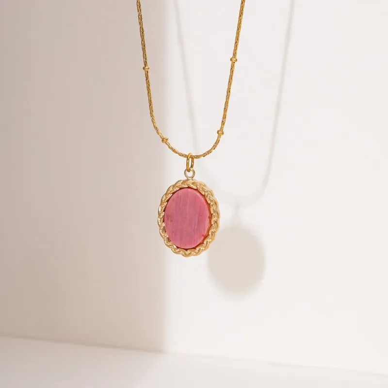 Collier doré en acier inoxydable maille corde avec perles dorées et pendentif en rhodochrosite naturelle