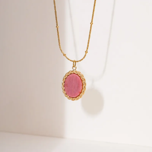 Collier doré en acier inoxydable maille corde avec perles dorées et pendentif en rhodochrosite naturelle