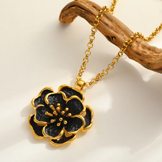Collier YAEL en acier inoxydable Grande Fleur noire