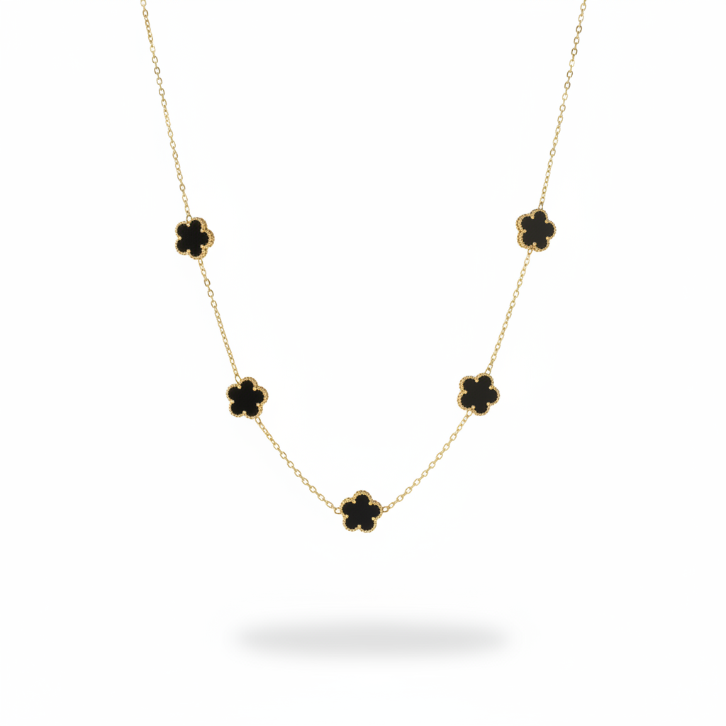 Collier doré en acier inoxydable avec 5 petites fleurs noires pierre naturelle recto verso.