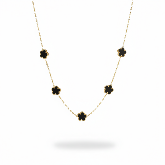 Collier doré en acier inoxydable avec 5 petites fleurs noires pierre naturelle recto verso.