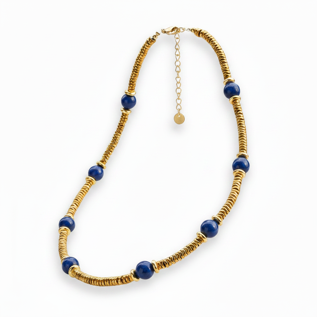 Collier en acier inoxydable 316L doré avec pierres naturelles Lapis-Lazuli.