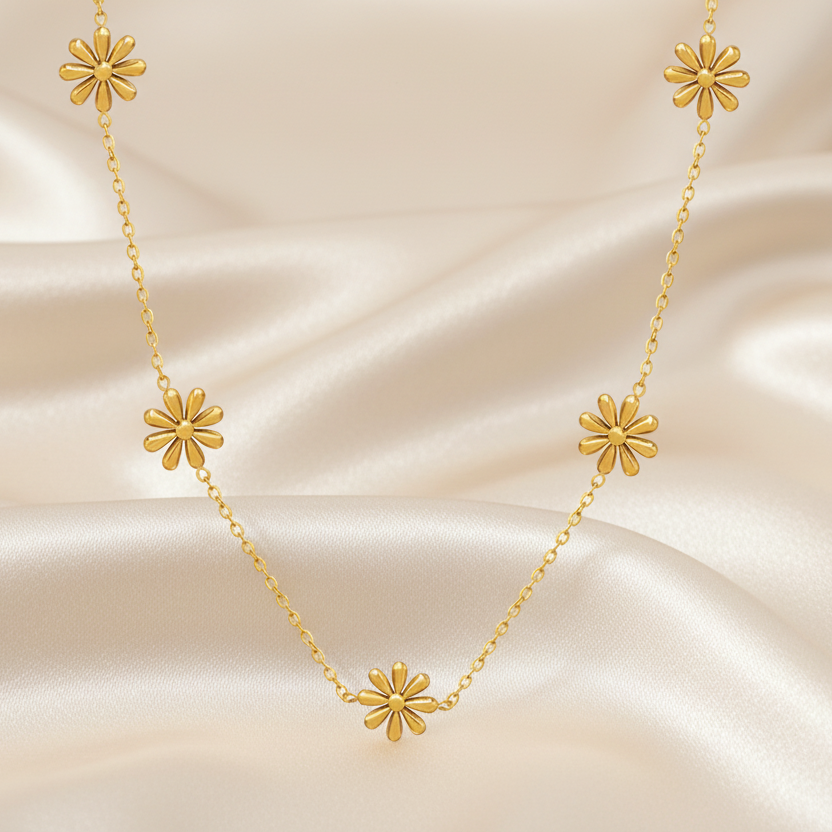 Collier doré en acier inoxydable avec 5 petites fleurs, bijou bohème