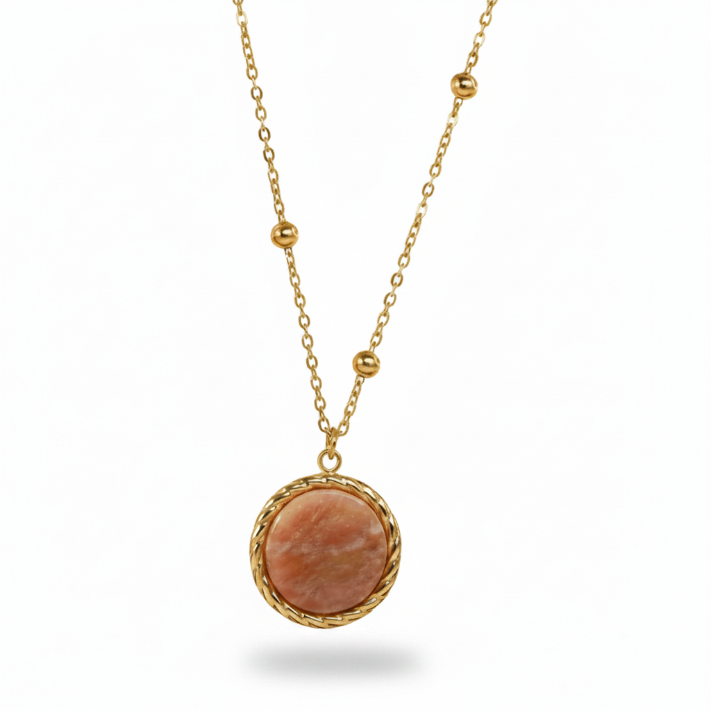 Collier doré en acier inoxydable 316L avec pendentif rond orné d'une pierre naturelle Pierre de soleil.