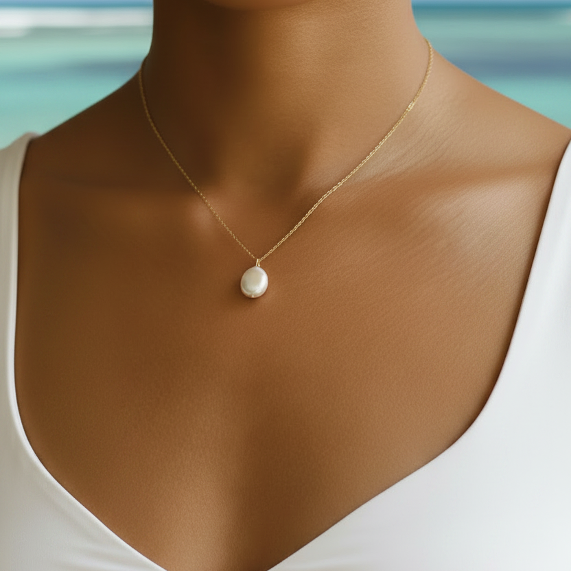 Femme portant un collier doré en acier inoxydable à fine chaîne maille forçat et grosse perle d’eau douce naturelle.