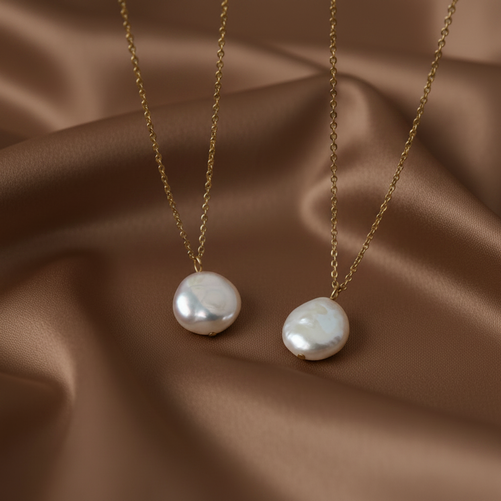 Collier doré en acier inoxydable à fine chaîne maille forçat et grosse perle d’eau douce naturelle.
