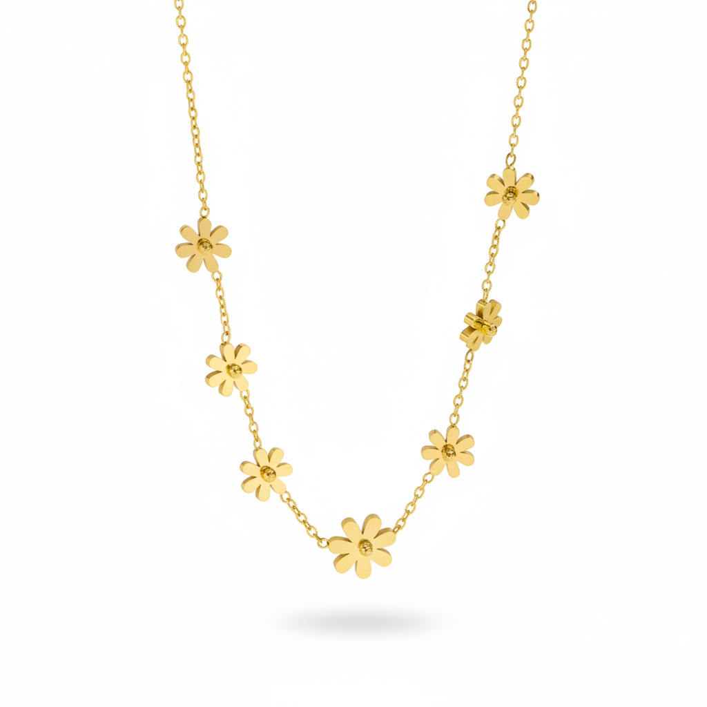 Collier en acier inoxydable  316L doré orné de 7 petites fleurs.