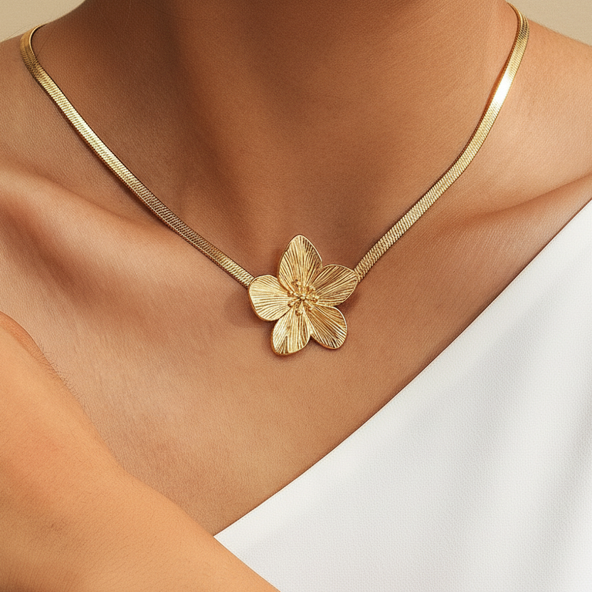 Collier grande Fleur tropicale HAWAII – Acier Inoxydable doré