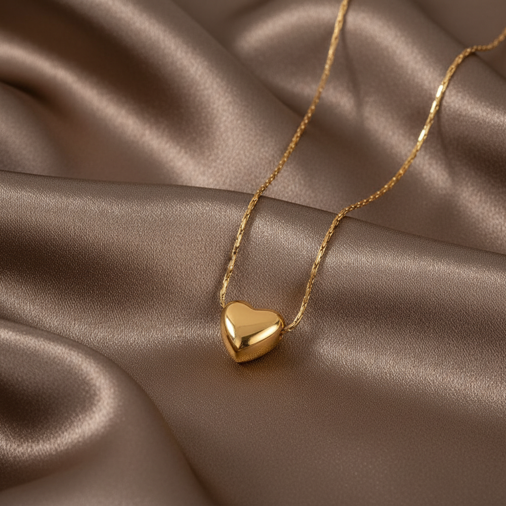 Collier doré en acier inoxydable 316L à chaîne maille bambou ultra fine orné d'un pendentif coeur minimaliste.