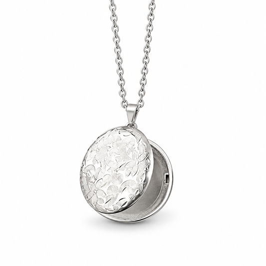 Collier pendentif médaillon à ouvrir en acier inoxydable 316L argenté à chaîne fine maille cubaine.