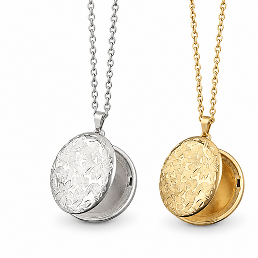 Collier médaillon à ouvrir en acier inoxydable 316L doré et argenté à chaîne fine maille cubaine.