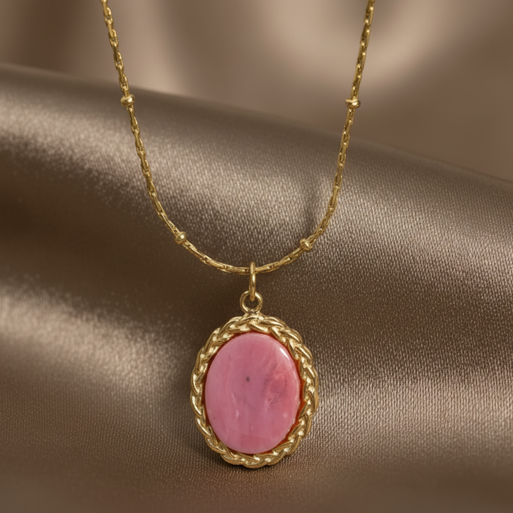Gros plan sur un collier doré en acier inoxydable 316L à fine chaîne maille corde et perles orné d'un pendentif en rhodochrosite naturelle.