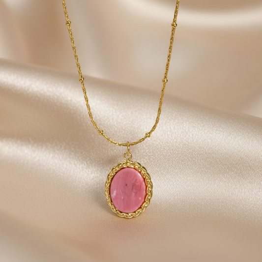 Collier doré en acier inoxydable à fine maille corde avec perles dorées et pendentif en rhodochrosite naturelle, style bohème chic