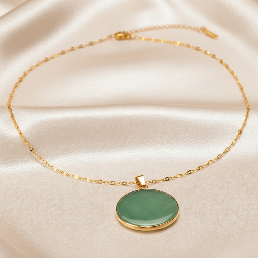 Collier doré en acier inoxydable à chaîne grain de café et pendentif en pierre naturelle aventurine, bijou bohème 