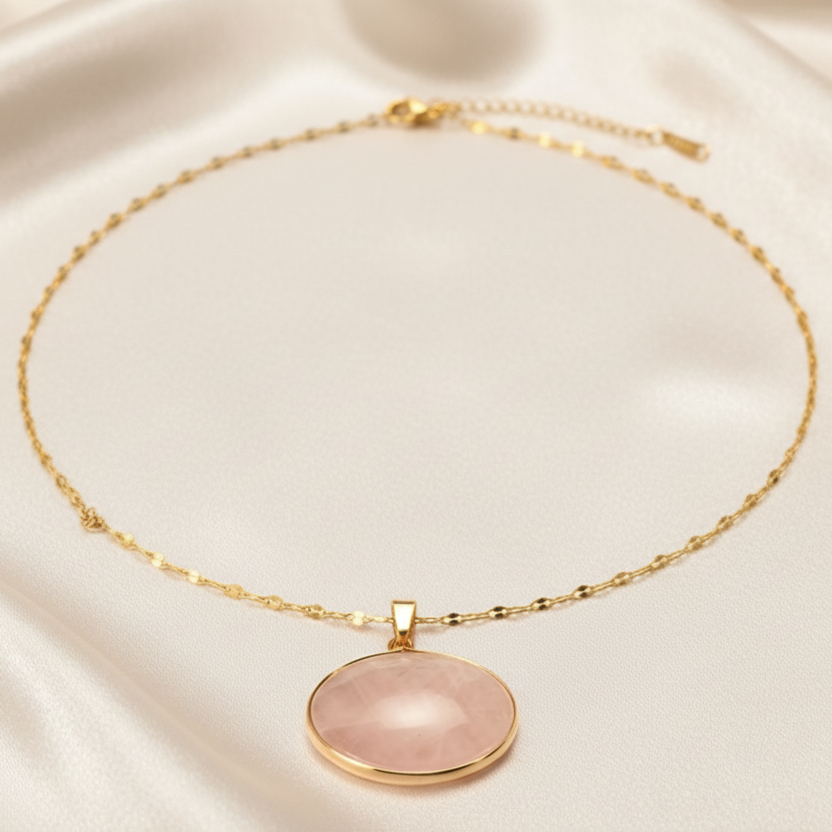 Collier doré en acier inoxydable à chaîne grain de café et pendentif en pierre naturelle quartz rose, bijou bohème 