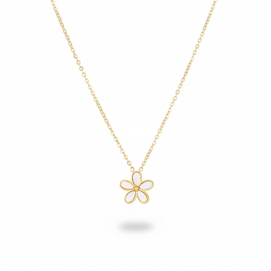 Collier en acier inoxydable 316L doré orné d'un pendentif fleur en nacre.