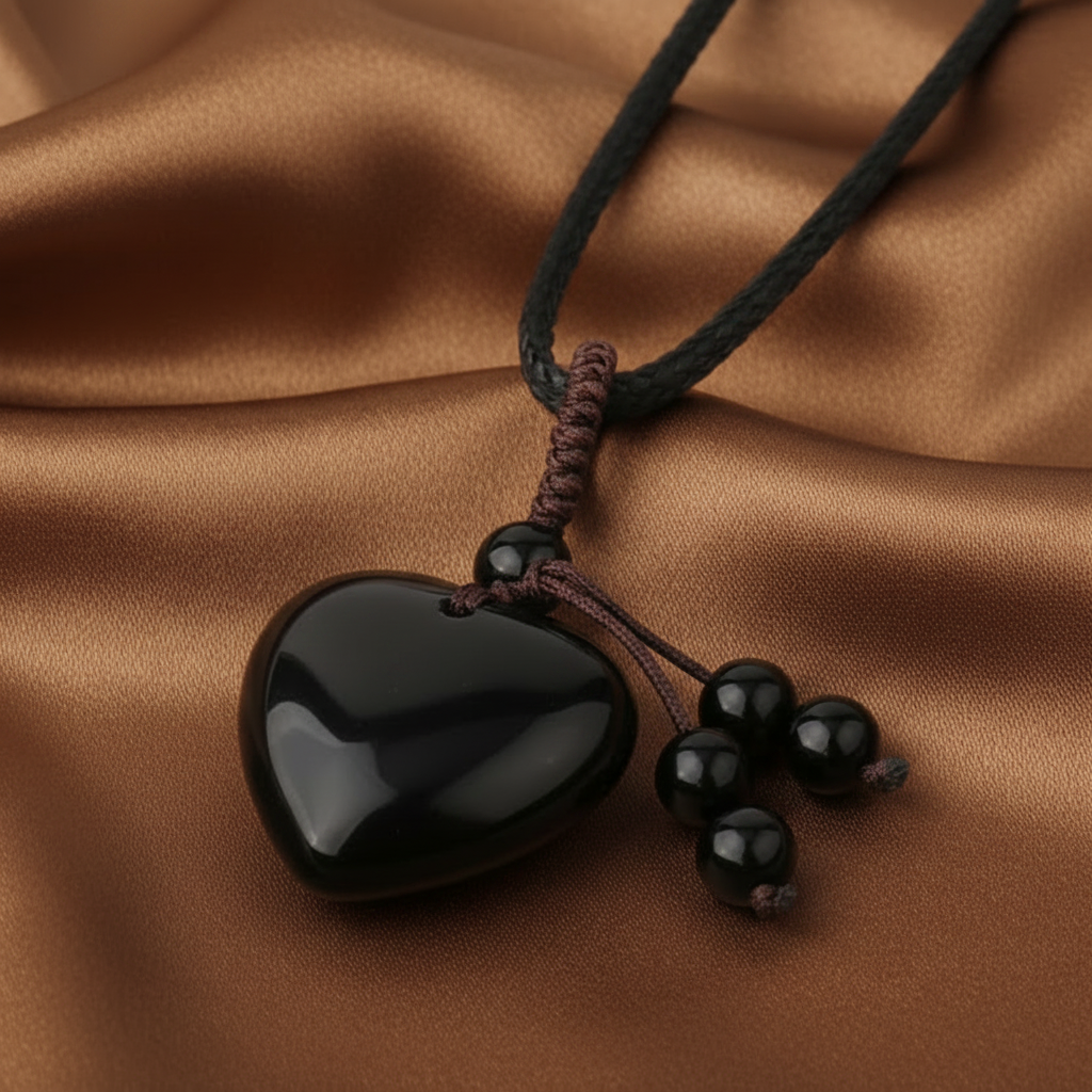 Collier pendentif cœur en agate noire naturelle.
