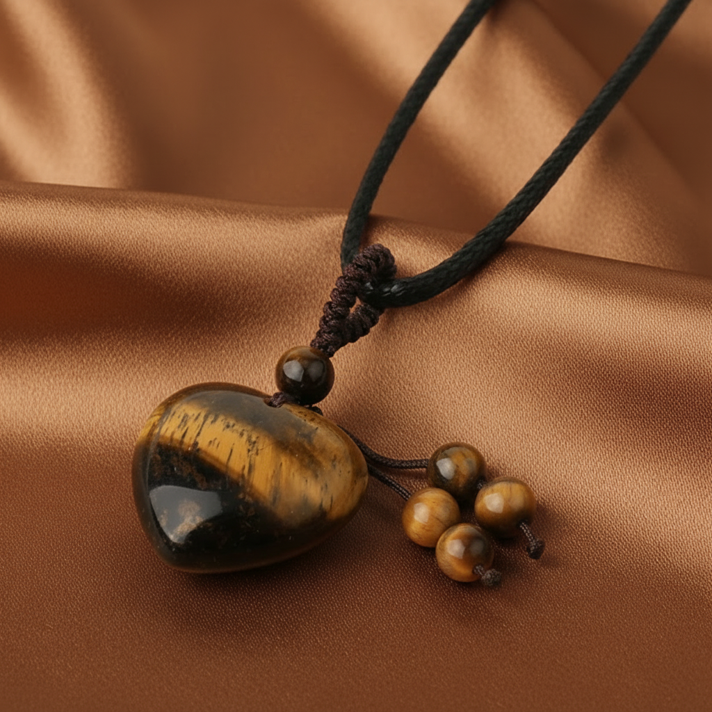 Collier pendentif cœur en oeil de tigre naturel.