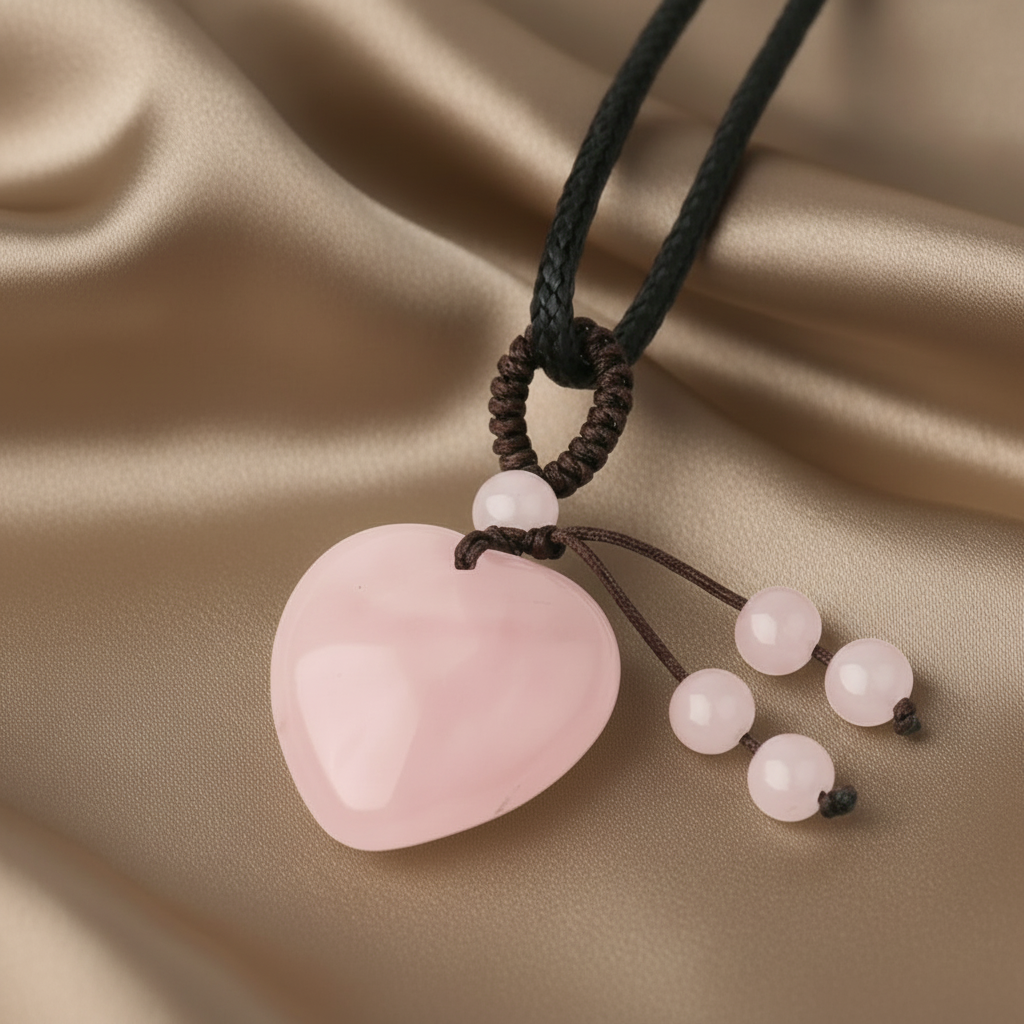 Collier pendentif cœur en quartz rose naturel.