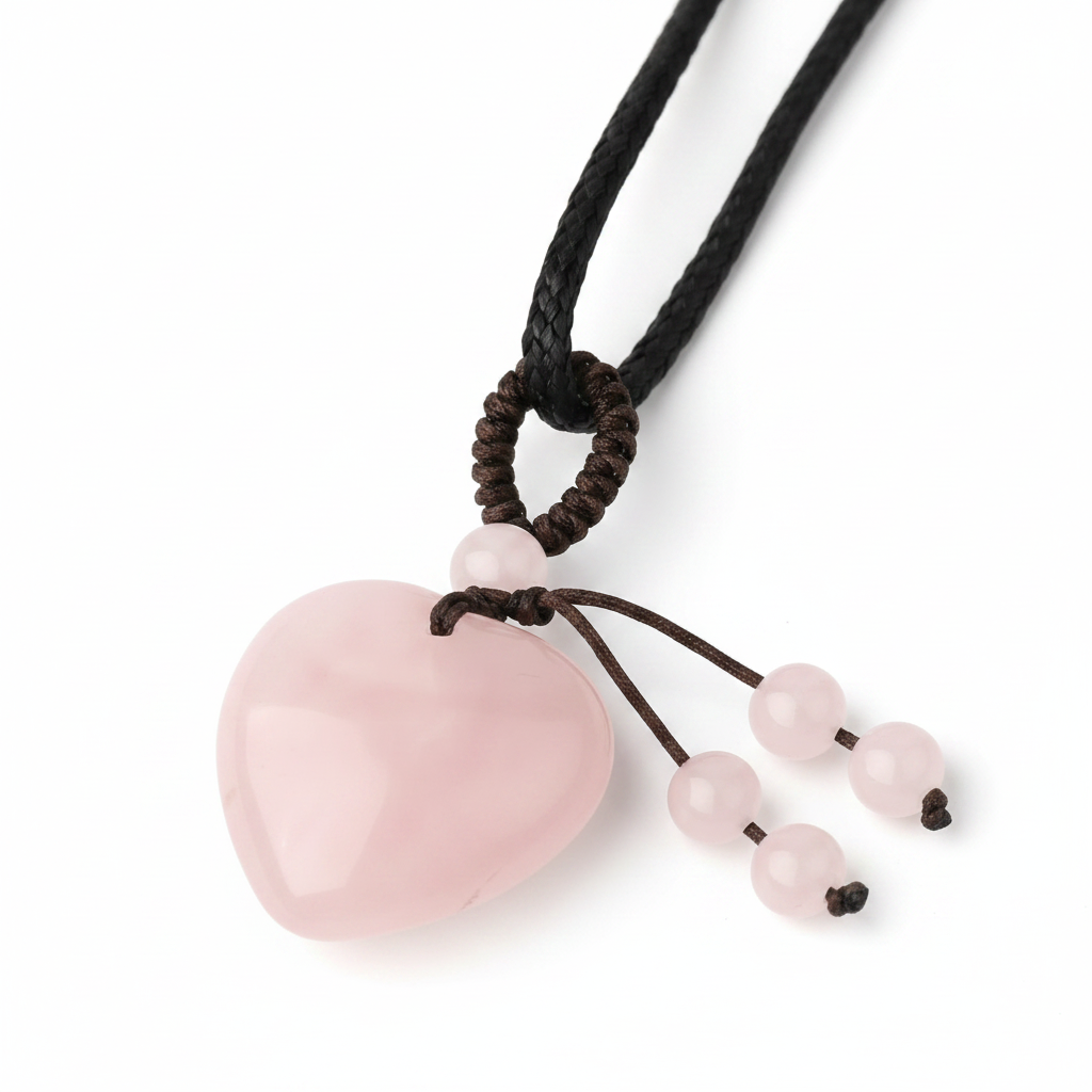 Collier pendentif cœur en quartz rose naturel.
