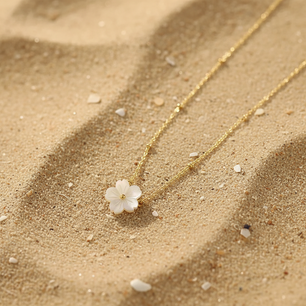 Collier doré en acier inoxydable à fine maille forçat perlée et pendentif fleur en nacre.