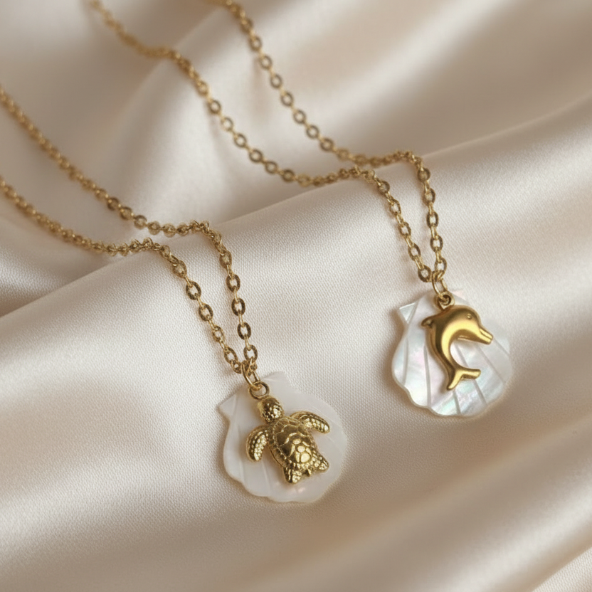 Collier doré en acier inoxydable, pendentif animal marin et coquillage en nacre, bijou bohème