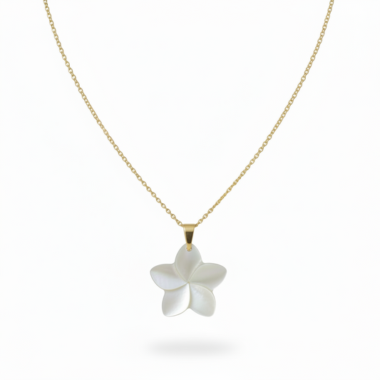 Collier en acier inoxydable 316L doré à chaîne maille gourmette avec un pendentif fleur de plumeria des îles en nacre grise.