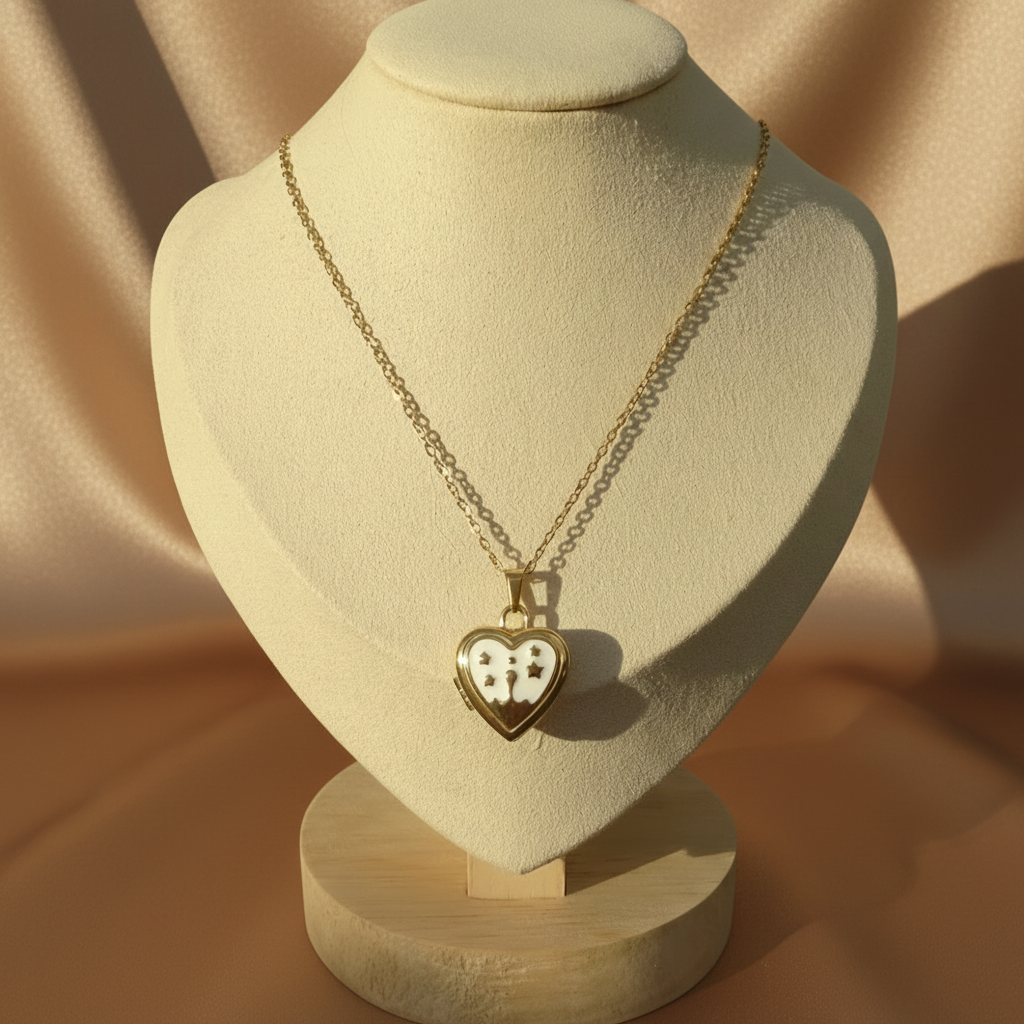 Collier doré en acier inoxydable à maille forçat fine avec pendentif cœur à ouvrir émaillé blanc.
