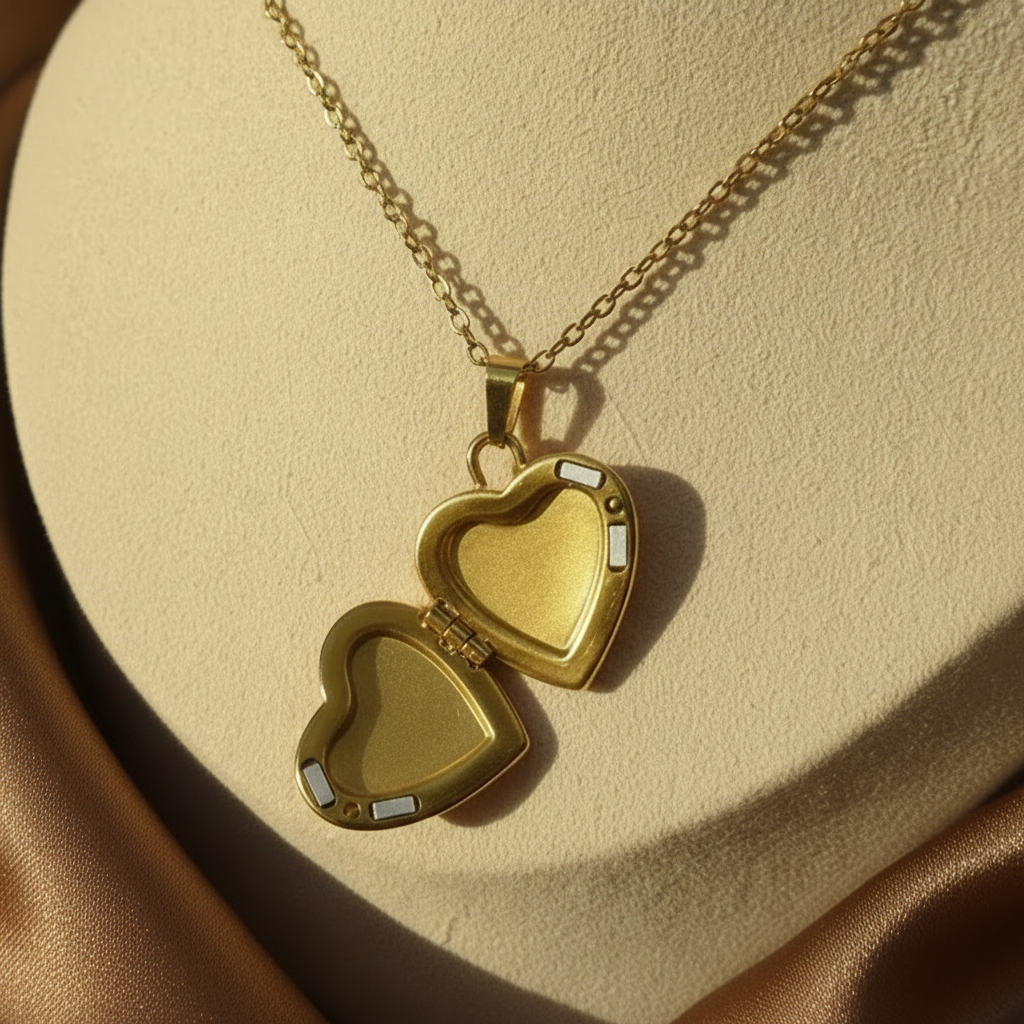 Gros plan sur un collier doré en acier inoxydable 316L à maille forçat fine avec pendentif cœur ouvert.