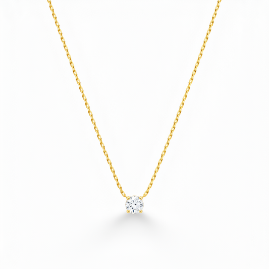 Collier en acier inoxydable 316L doré à chaîne ultra fine maille bambou et pendentif petit rond en zircon blanc.