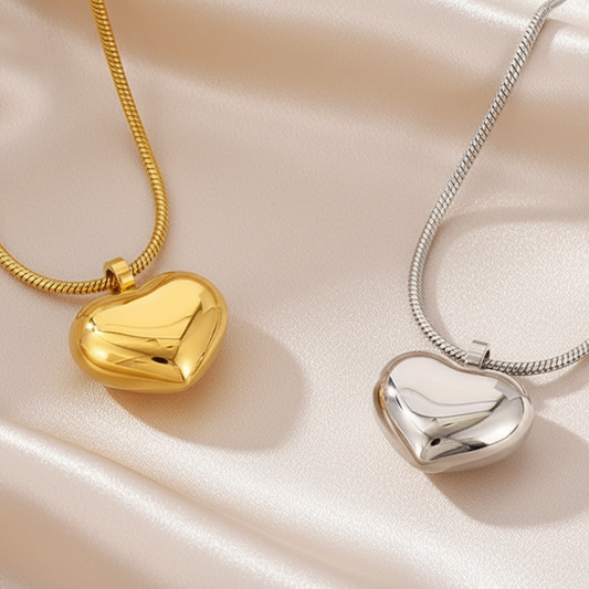 Collier doré ou argenté en acier inoxydable à maille serpent de 50 cm avec pendentif cœur exagéré, style bohème