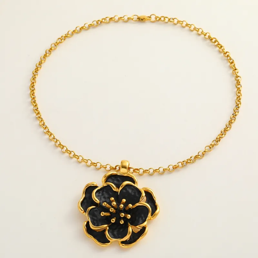 Collier doré en acier inoxydable, maille rolo, pendentif grande fleur noire stylisée, bijou bohème
