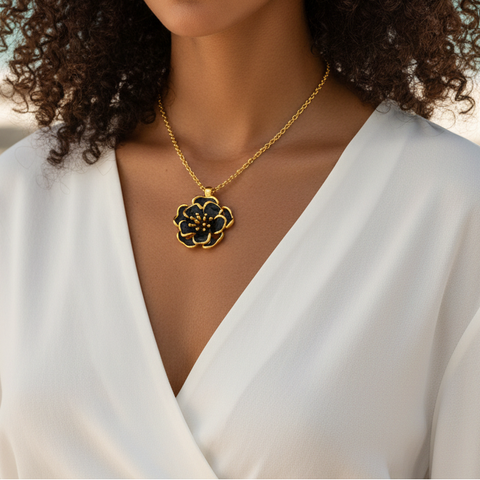 Femme portant un collier doré en acier inoxydable, maille rolo, pendentif grande fleur noire stylisée, bijou bohème